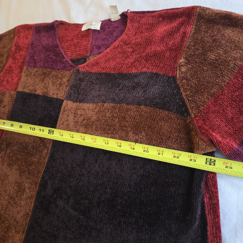 Lord & Taylor Vintage 90s Chenille Colorblock Patchwork VNeck Jewel Tone Sweater - Picture 5 of 12